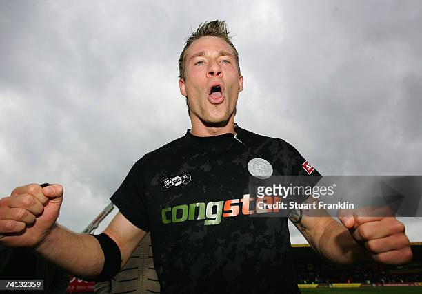 Marvin Braun of St. Pauli celebrate promotion at the end of the Third League Northern Division match between FC St.Pauli and Fortuna Dusseldorf at...