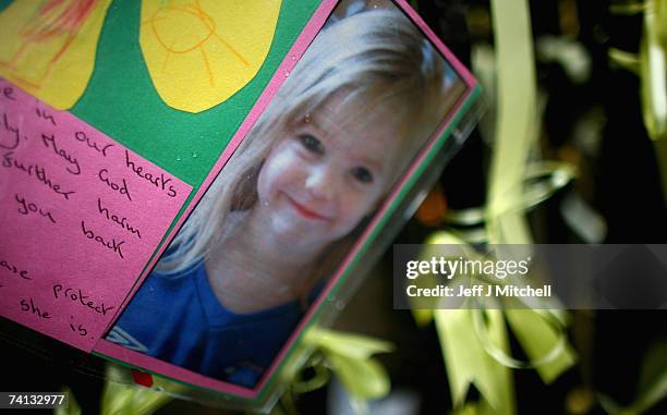 Picture of Madeleine McCann is tied to a post outside St Andrews Cathederal on May 12, 2007 in Glasgow, Scotland. The three year old went missing...