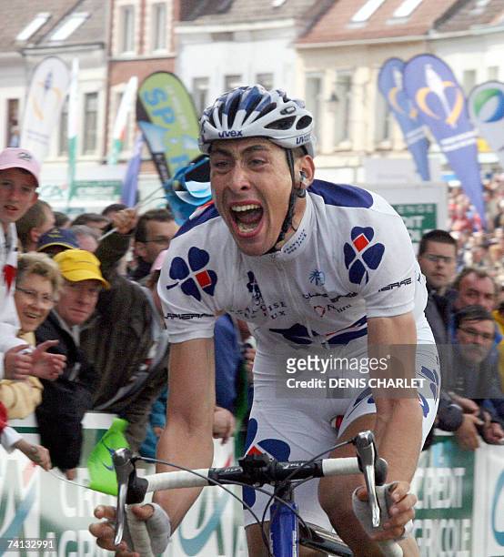 French Mathieu Ladagnous, "Francaise des jeux", crosses the finish line and wins the 5th stage of the Four Days to Dunkirk cycling race beetwen La...