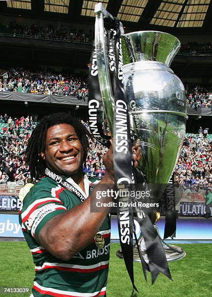 Seru Rabeni of Leicester celebrates with the trophy during the Guinness Premiership final between Gloucester and Leicester Tigers at Twickenham on...