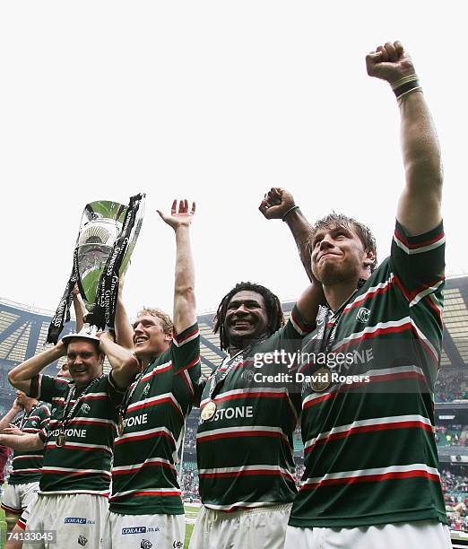 Andy Goode, Sam Vesty, Seru Rabeni and Brett Deacon of Leicester celebrate following their team's victory during the Guinness Premiership final...