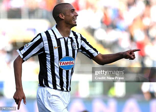 David Trezeguet of Juventus ce;ebrates his goal during the Italian Serie B match between Juventus and Bologna at the Stadio Delle Alpi on May 12,...