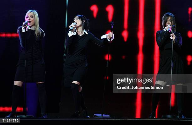 The ensemble Serebro of Russia performs the song Song#1 at the finals of the 2007 Eurovision Song Contest on May 12, 2007 in Helsinki, Finland.