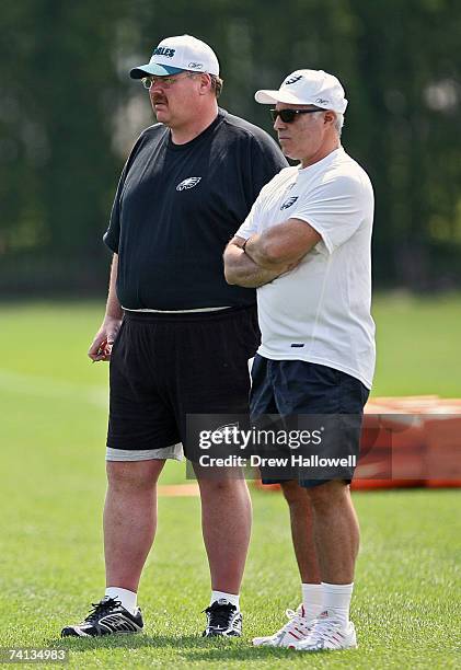 Head coach Andy Reid and owner Jeffrey Lurie of the Philadelphia Eagles watch practice during mini-camp on May 12, 2007 at the NovaCare Complex in...