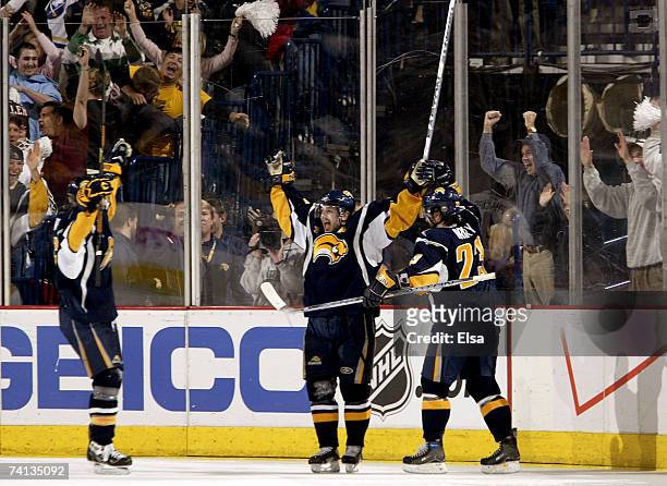 Daniel Briere of the Buffalo Sabres celebrates after scoring the game-tying goal late in the third period against the Ottawa Senators during Game 2...