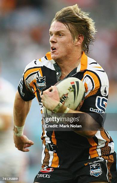 Chris Lawrence of the Tigers in action during the round nine NRL match between the Wests Tigers and the St George Illawarra Dragons at Telstra...