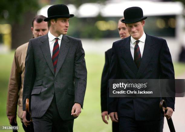 Prince William and Prince Harry arrive at the Cavalry Old Comrades Association Annual Parade in Hyde Park on May 13, 2007 in London, England. This is...