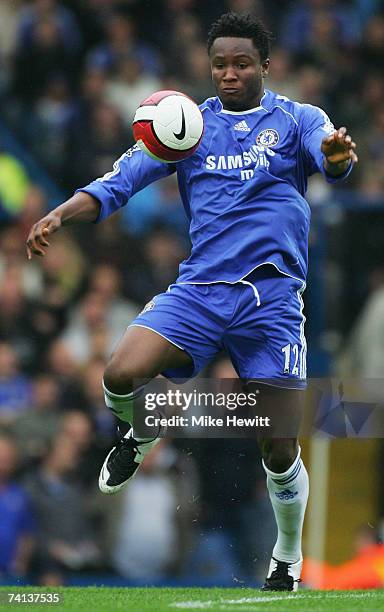 John Obi Mikel of Chelsea controls the ball during the Barclays Premiership match between Chelsea and Everton at Stamford Bridge on May 13, 2007 in...