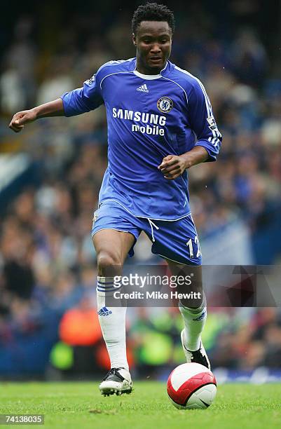 John Obi Mikel of Chelsea passes the ball during the Barclays Premiership match between Chelsea and Everton at Stamford Bridge on May 13, 2007 in...