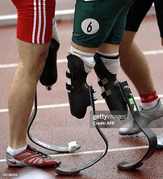 Manchester, UNITED KINGDOM: The bladed feet of South Africa's Oscar Pistorius are seen after the men's 200m at the Paralympic world cup at the...