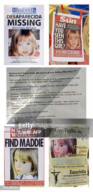 This picture combo created 13 May 2007 shows posters concerning missing four-year-old British girl Madeleine McCann as well as a statement issued by...
