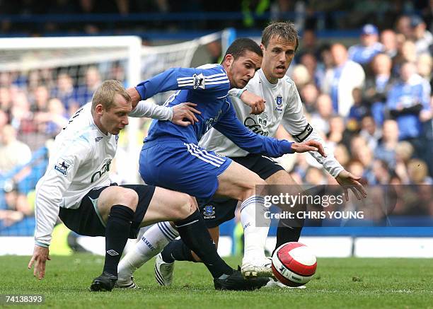 London, UNITED KINGDOM: Chelsea's striker Ben Sahar holds off Everton's Tony Hibbert and Phil Neville during the English Premiership match between...