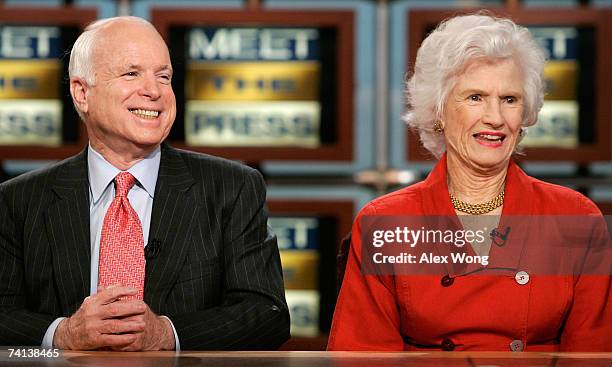 Roberta McCain , mother of Republican U.S. Presidential hopeful Sen. John McCain , speaks during a taping for a broadcast on the "Meet the Press"...