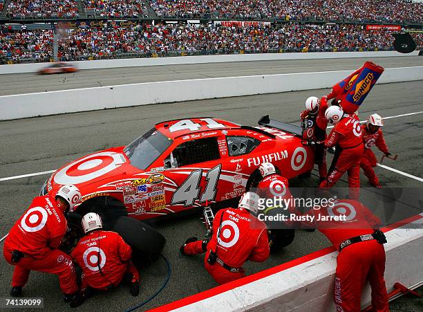 Reed Sorenson, driver of the Target Dodge, makes a pit stop during the NASCAR Nextel Cup Series Dodge Avenger 500 on May 13, 2007 at Darlington...