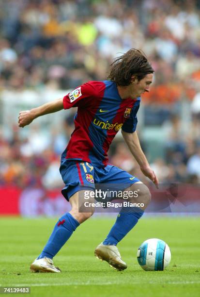 Lionel Messi of FC Barcelona in action during the La Liga match between FC Barcelona and Real Betis at the Camp Nou, on May 13, 2007 in Barcelona,...