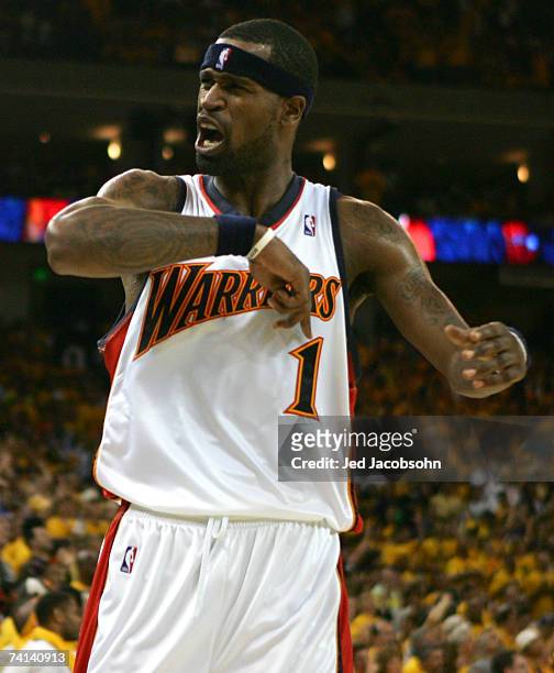 Stephen Jackson of the Golden State Warriors reacts to a play in Game 4 of the Western Conference Semifinals against the Utah Jazz during the 2007...