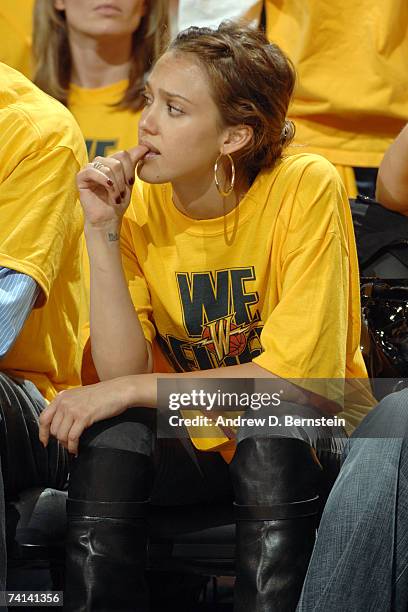 Jessica Alba supports the Golden State Warriors as they host the Utah Jazz in Game Four of the Western Conference Semifinals during the 2007 NBA...