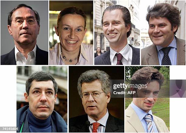 Les hommes et femmes du president"- Combo of recent pictures shows from left to right, close advisors or campaign team members of French...