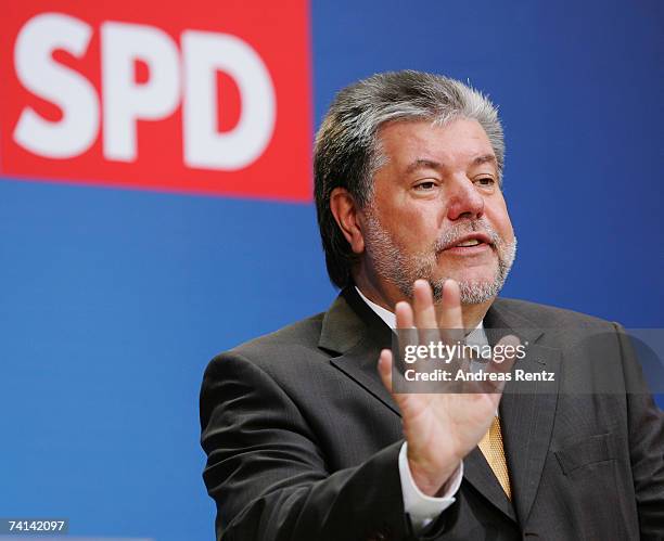 Chairman of the Social Democratic Party Kurt Beck gestures during a news conference on May 14, 2007 in Berlin, Germany. The SPD won the regional...