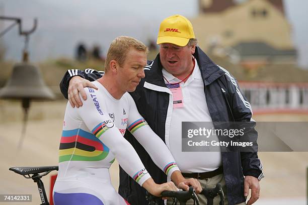 Chris Hoy of Great Britain is consoled by his father David Hoy after his failed attempt to break the World 1 Kilometre Altitude Record at the Alto...