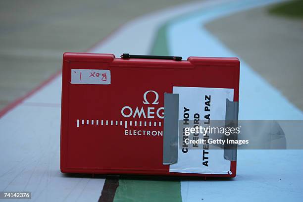 Timing devices wait to be unpacked at the track before Chris Hoy's failed attempt to break the World 1 Kilometre Altitude Record at the Alto Irpavi...