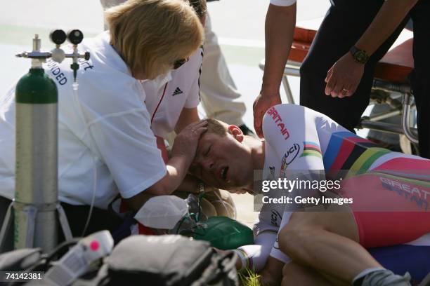 Chris Hoy of Great Britain is comforted by his mother Carol Hoy after failing in his attempt to break the World 1 Kilometre Altitude Record at the...