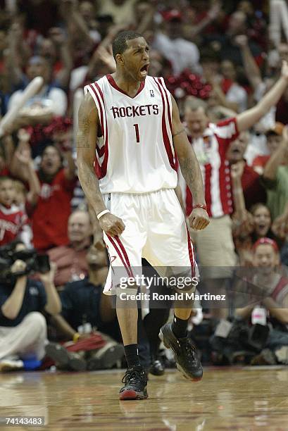 Tracy McGrady of the Houston Rockets reacts to a play in Game Seven of the Western Conference Quarterfinals against the Utah Jazz during the 2007 NBA...