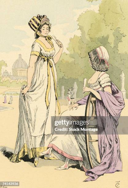 Fashion plate by French artist Francois Courboin entitled 'In the Gardens of the Tuileries,' Paris, France, 1799.