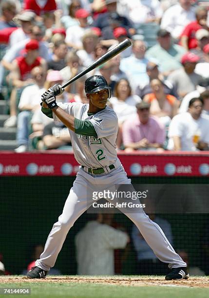 Upton of the Tampa Bay Devil Rays stands ready at bat against the Los Angeles Angels of Anaheim at Angel Stadium during the game on April 26, 2007 in...