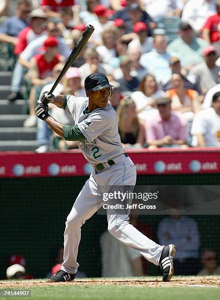 Upton of the Tampa Bay Devil Rays steps into the swing against the Los Angeles Angels of Anaheim at Angel Stadium during the game on April 26, 2007...