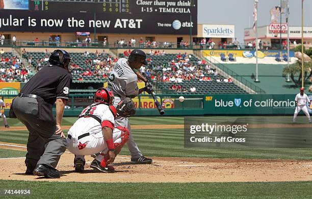 Upton of the Tampa Bay Devil Rays swings at the pitch against the Los Angeles Angels of Anaheim at Angel Stadium during the game on April 26, 2007 in...