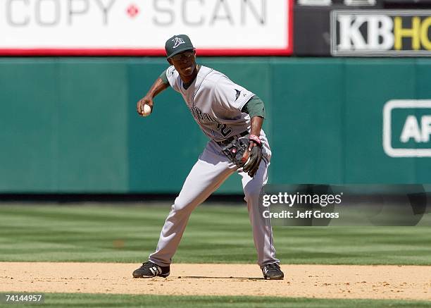 Upton of the Tampa Bay Devil Rays throws to firstbase against the Los Angeles Angels of Anaheim at Angel Stadium during the game on April 26, 2007 in...