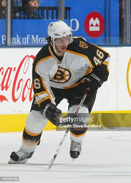 David Krejci of the Boston Bruins skates against the Toronto Maple Leafs at Air Canada Centre on February 20, 2007 in Toronto, Ontario, Canada. The...