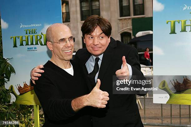 Producer Jeffrey Katzenberg and actor Mike Myers attends the premiere of Shrek The Third at Clearview Chelsea West Cinemas May 14, 2007 in New York...