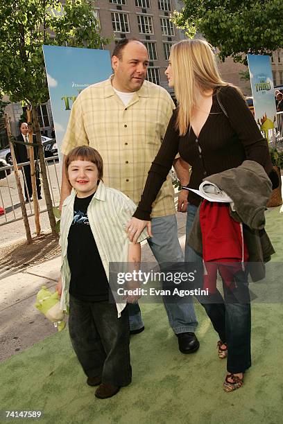 Actor James Gandolfini, Marcy Gandolfini and their son Michael Gandolfini attend the premiere of Shrek The Third at Clearview Chelsea West Cinemas...