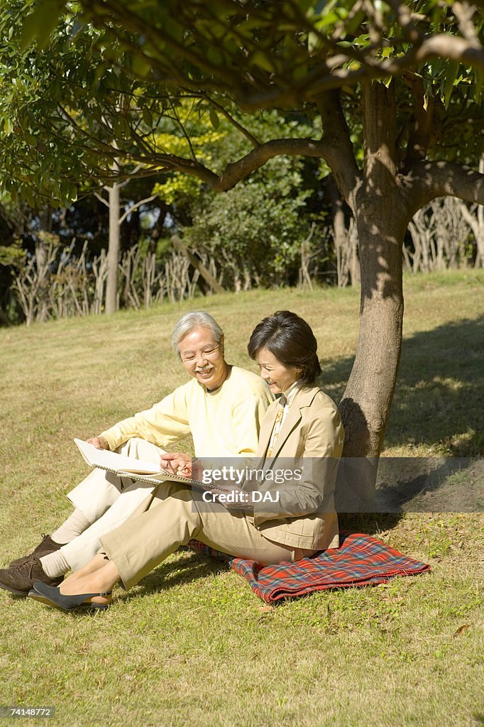 A Mature Couple Sitting by a Tree and Sketching, Full Length, High Angle View