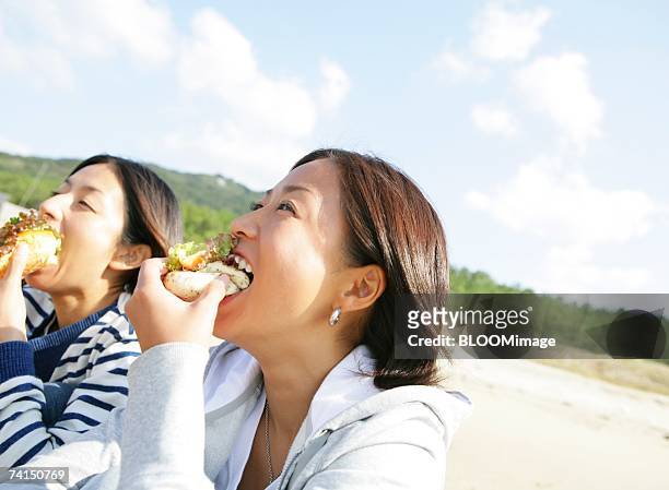 two surfer girls having sandwich on beach - girls laughing eating sandwich foto e immagini stock