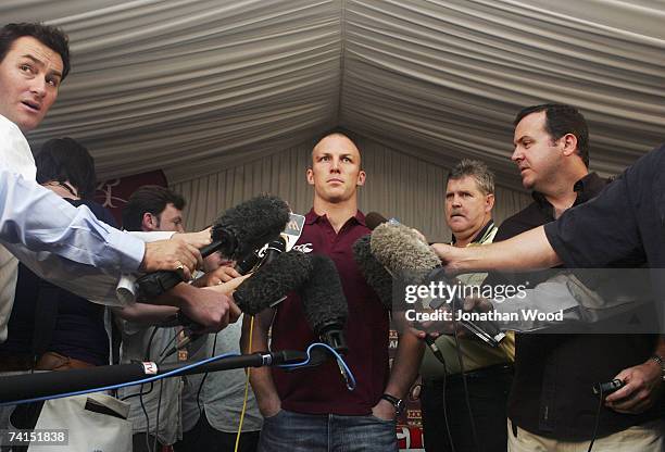 Darren Lockyer of the Maroons waits to begin a media interview during the Queensland Maroons assembly at the Royal on the Park on May 15, 2007 in...