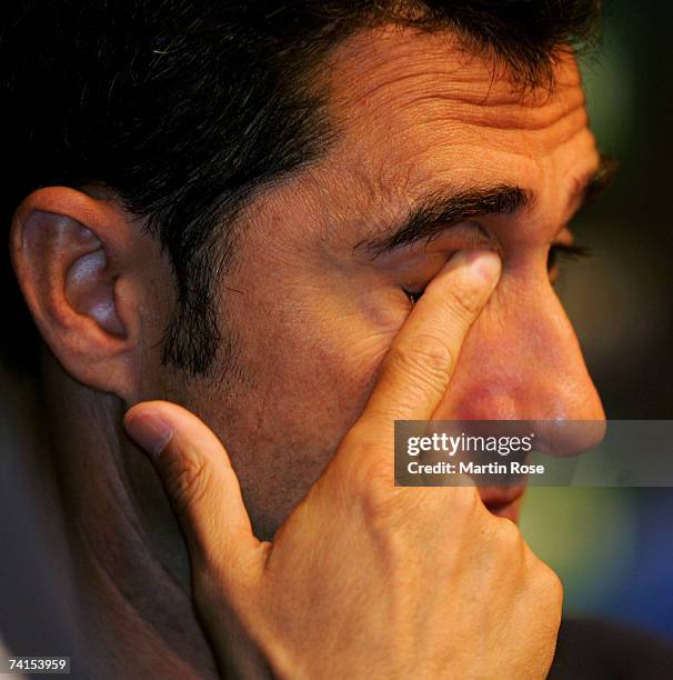 Ernesto Valverde headcoach of Espanyol gestures during the Espanyol press conference prior to the UEFA Cup Final between Espanyol and Sevilla at...