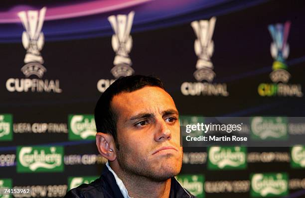 Moises Hurtado of Espanyol attends the Espanyol press conference prior to the UEFA Cup Final between Espanyol and Sevilla at Hampden Park on May 15,...