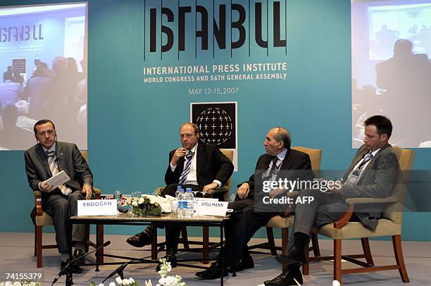 Turkish Prime Minister Recep Tayyip Erdogan is pictured during an interview with journalists including Michael Oreskes of International Herald...
