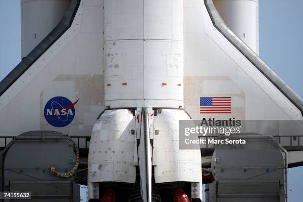 The tail the Space Shuttle Atlantis is shown as it makes the 3.4-mile journey to launch pad 39A at the Kennedy Space Center May 15, 2007 in Cape...