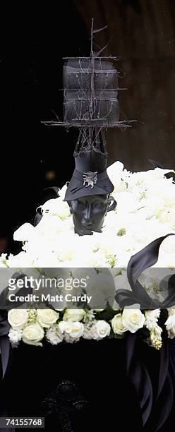 Hat on a mannequin's head adorns the coffin at the funeral service for fashion stylist Isabella Blow, at Gloucester Cathedral on May 15 2007 in...