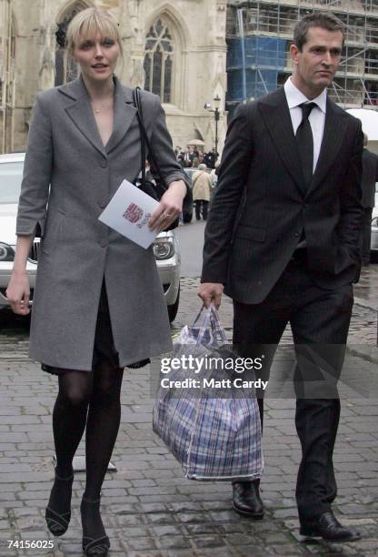 Model Sophie Dahl and actor Rupert Everett attend the funeral service for fashion stylist Isabella Blow, at Gloucester Cathedral on May 15 2007 in...