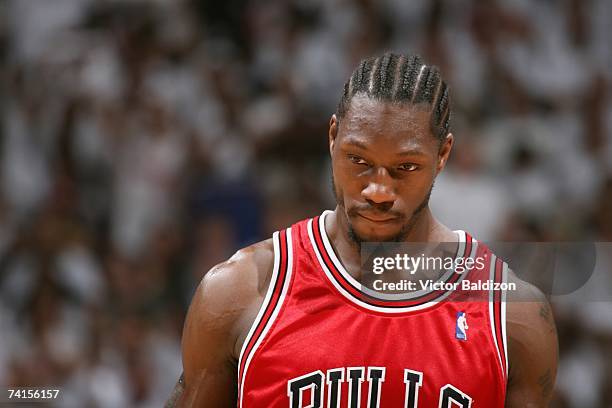 Ben Wallace of the Chicago Bulls walks upcourt in Game Three of the Eastern Conference Quarterfinals against the Miami Heat during the 2007 NBA...