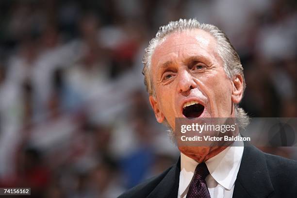 Head coach Pat Riley of the Miami Heat calls a play in Game Three of the Eastern Conference Quarterfinals against the Chicago Bulls during the 2007...