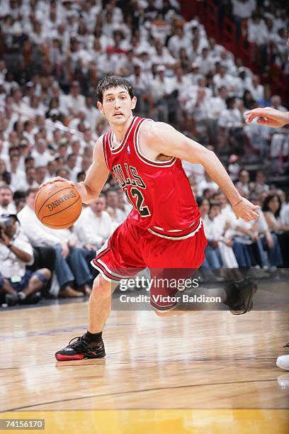 Kirk Hinrich of the Chicago Bulls drives to the basket in Game Three of the Eastern Conference Quarterfinals against the Miami Heat during the 2007...