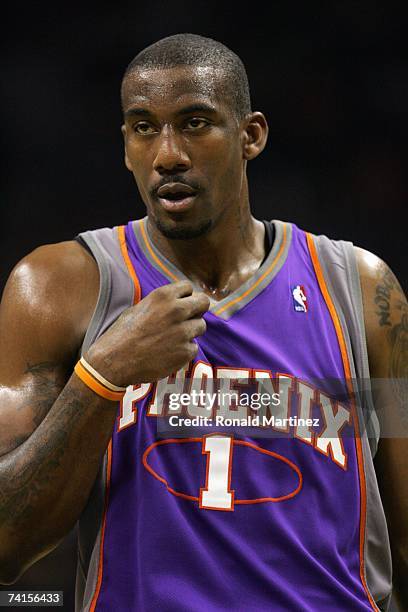 Amare Stoudemire of the Phoenix Suns wipes his face in Game Four of the Western Conference Semifinals against the San Antonio Spurs during the 2007...