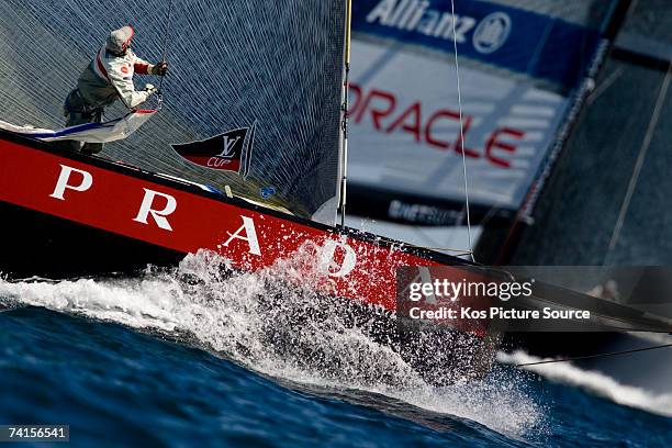 Prada races against BMW Oracle during the first semi final match of the Louis Vuitton Cup on May 14, 2007. The winner of the Louis Vuitton Cup faces...