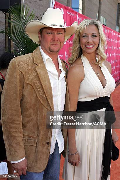Musician Tracy Lawrence and his wife Becca arrive at the 42nd Annual Academy Of Country Music Awards held at the MGM Grand Garden Arena on May 15,...